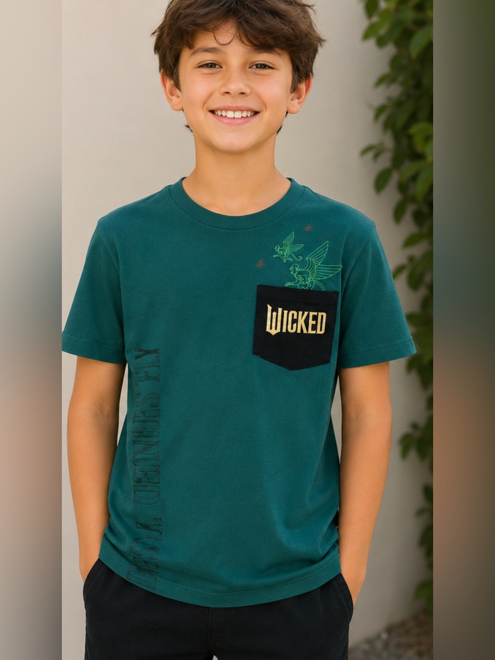 Wicked Movie Kids Pocket T-Shirt Green Destined to Fly Paul Tazewell Size Large
